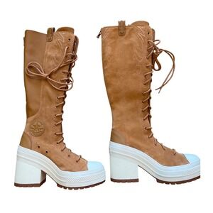 Converse Chuck 70 De Luxe Heel Western Boots Tan Suede Knee High PlatformA06435C